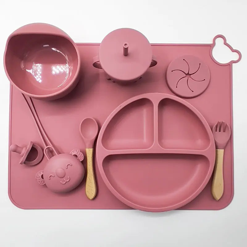 Set de repas bébé en silicone avec tapis et ustensiles