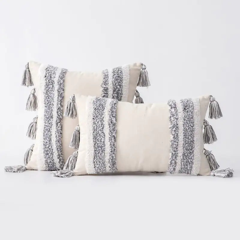 Housse de coussin bohème en coton avec pompons et dentelle