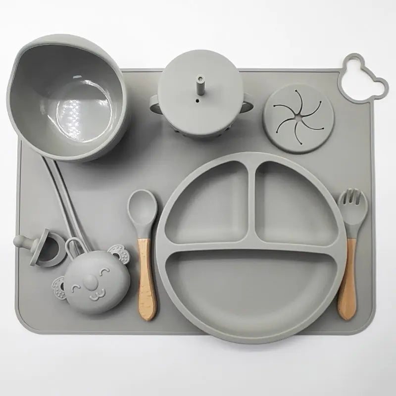 Set de repas bébé en silicone avec tapis et ustensiles