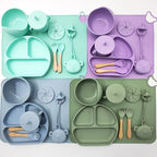 Set de repas bébé en silicone avec tapis et ustensiles