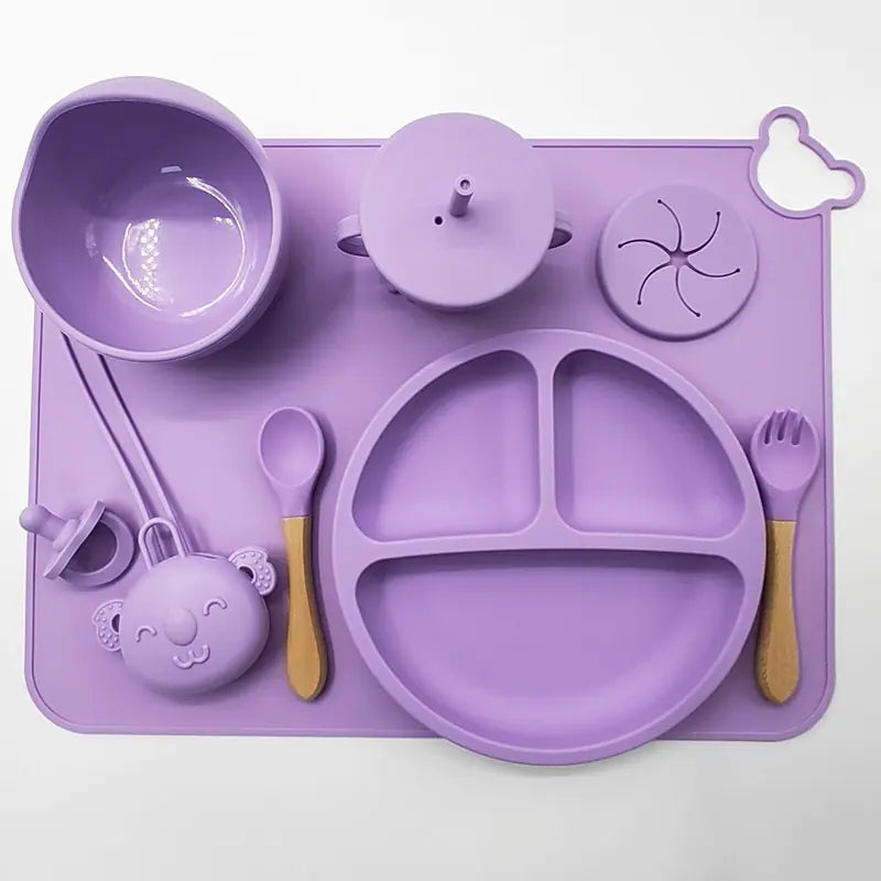 Set de repas bébé en silicone avec tapis et ustensiles