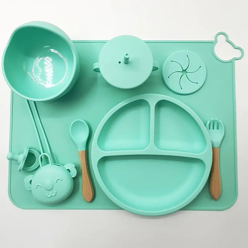 Set de repas bébé en silicone avec tapis et ustensiles
