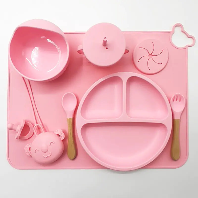 Set de repas bébé en silicone avec tapis et ustensiles