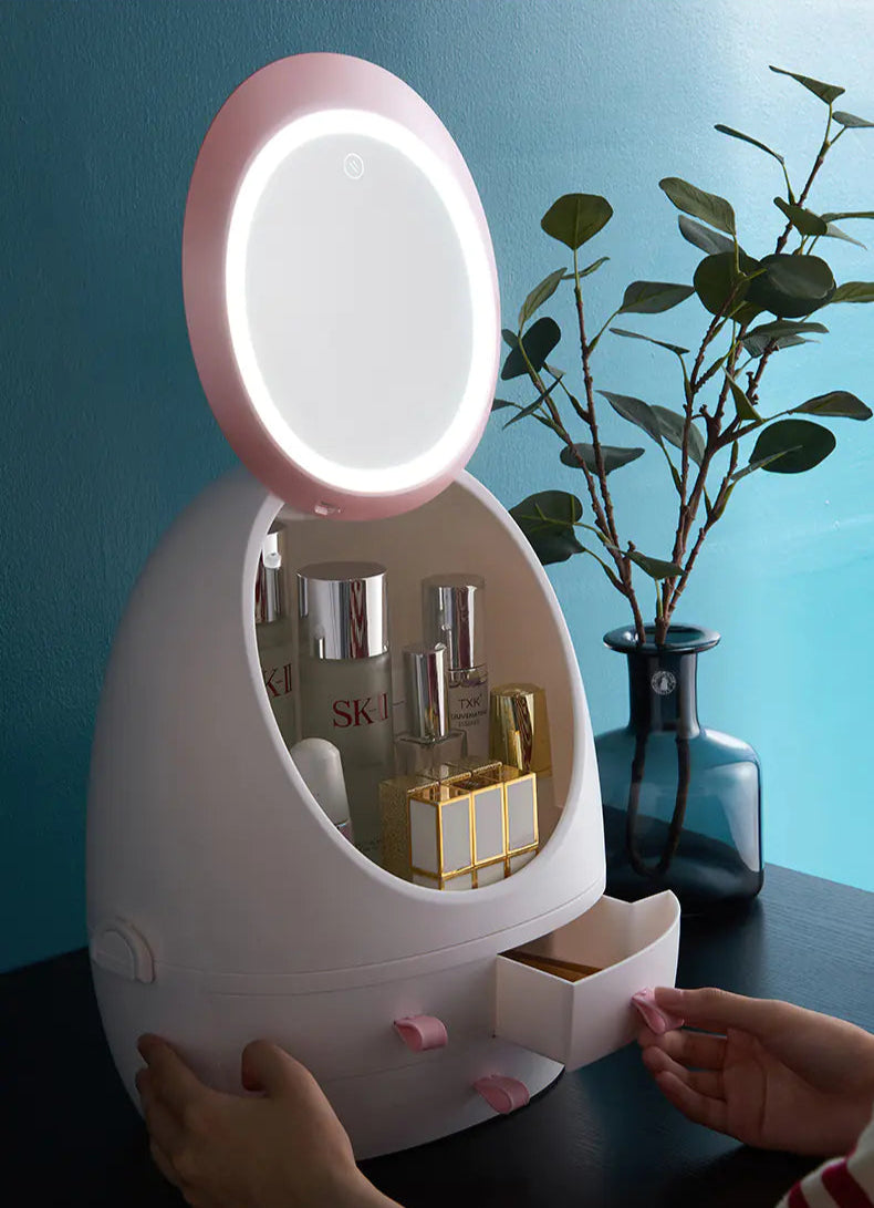 Boîte à maquillage avec miroir LED et rangement skincare