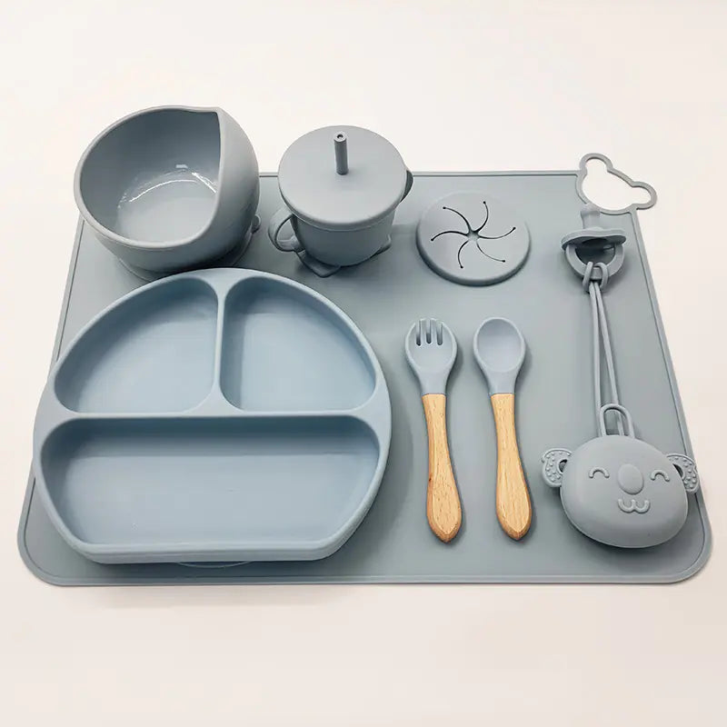 Set de repas bébé en silicone avec tapis et ustensiles