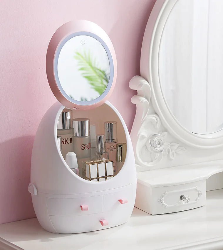 Boîte à maquillage avec miroir LED et rangement skincare