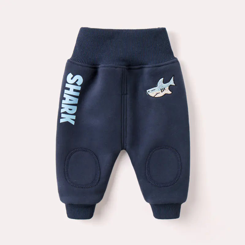 Pantalon bébé hiver velours bleu – Requin brodé