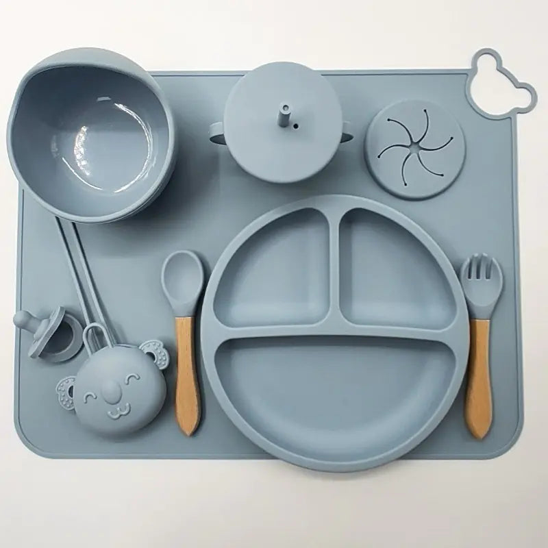 Set de repas bébé en silicone avec tapis et ustensiles
