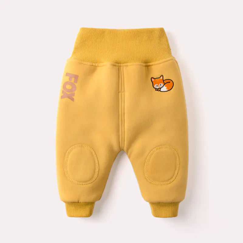 Pantalon bébé hiver velours jaune – Renard brodé